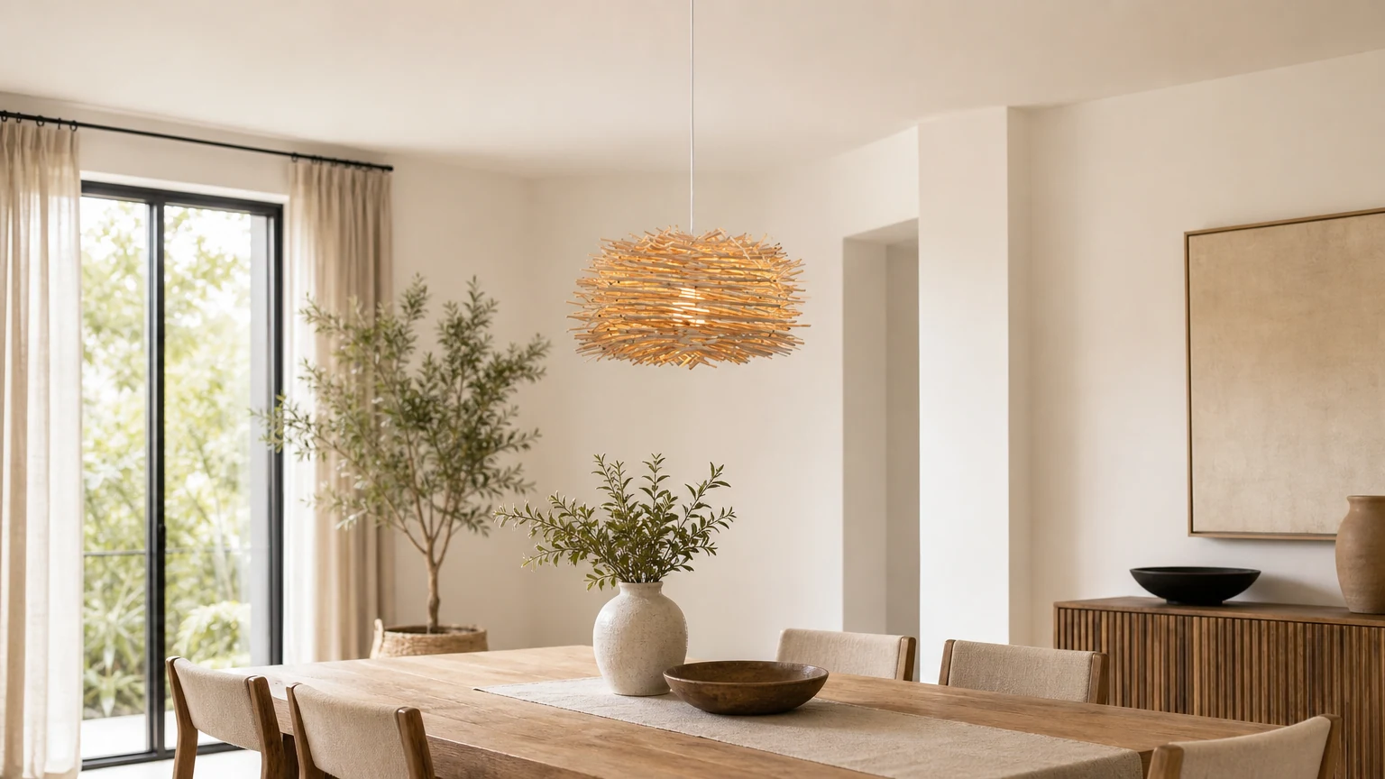 Prosta rattanowa lampa wisząca Ptasie Gniazdo w ciepłej scenerii pomieszczenia