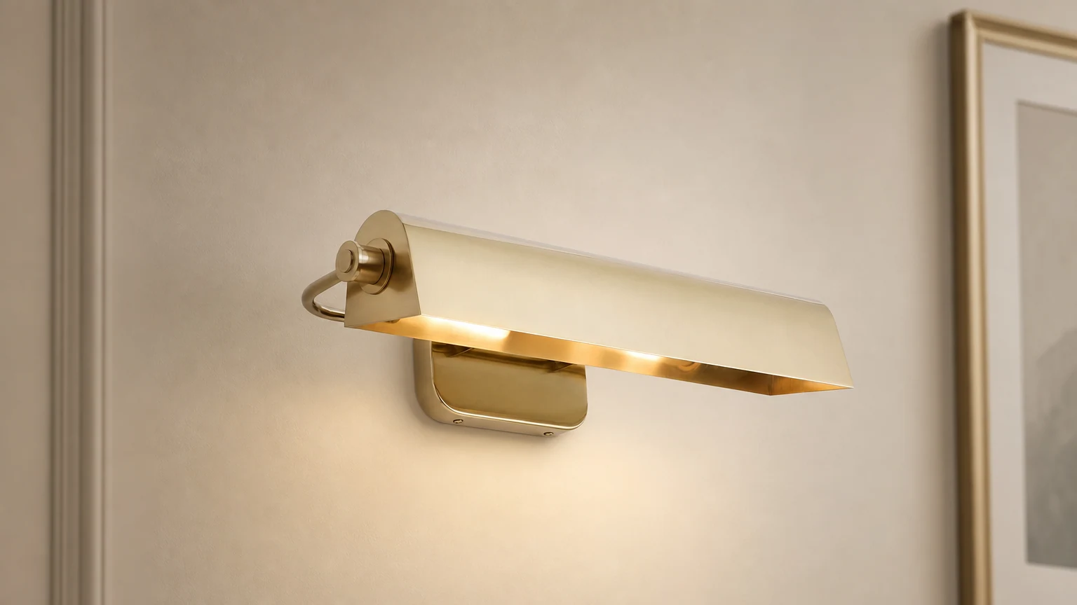 Regulowana lampa obrazowa Modo zainstalowana nad oprawioną grafiką ścienną