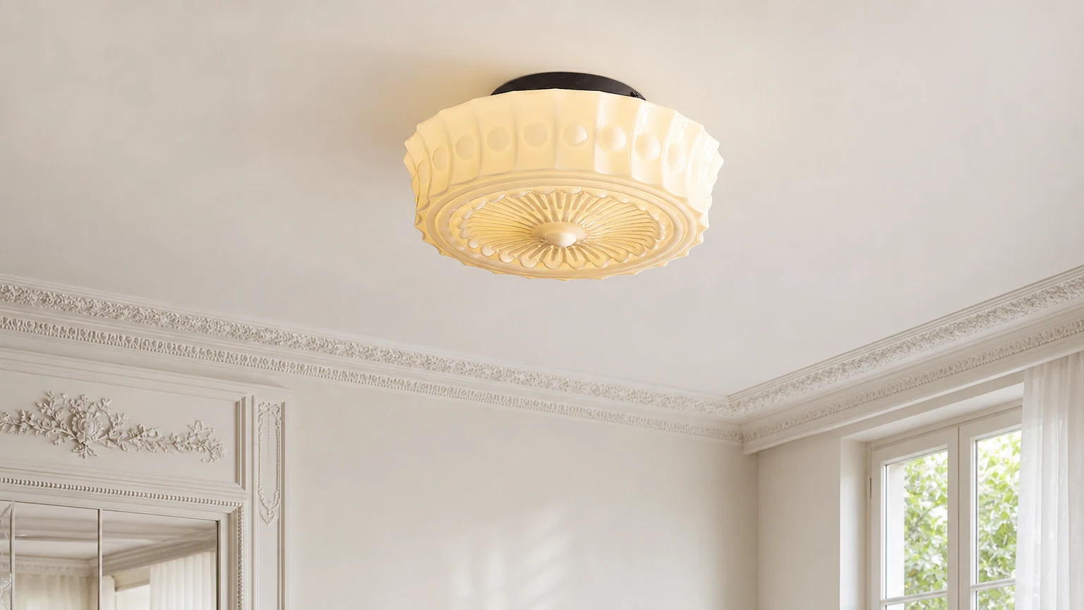 Lampa sufitowa Rigidus z francuskiego szkła w stylu vintage, zainstalowana w stonowanym pomieszczeniu