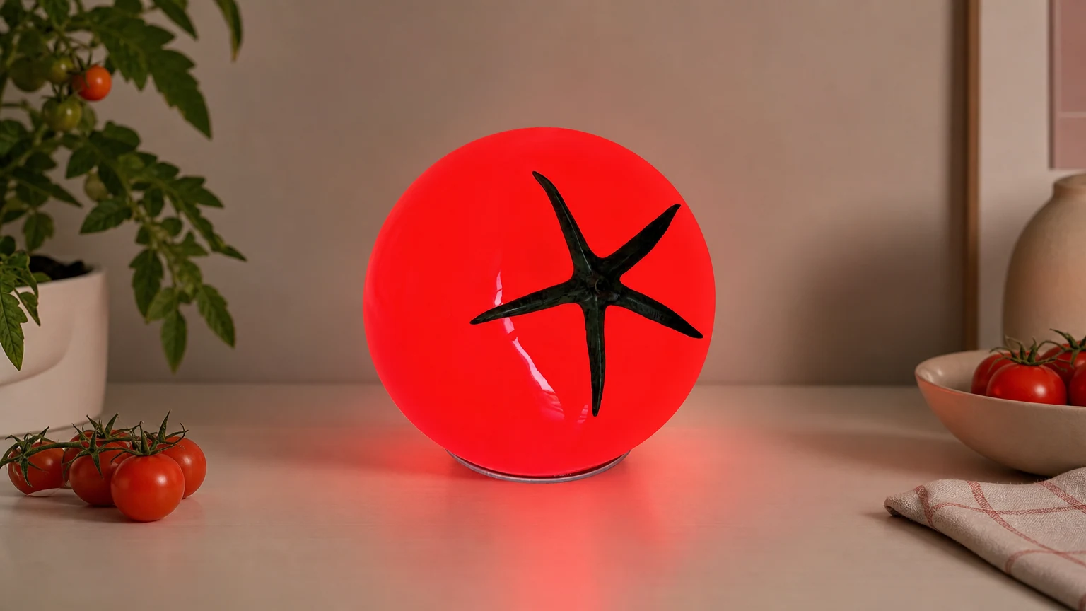 Dekoracyjna lampa stołowa LED Tomato S54 w ciepłej scenie na blacie
