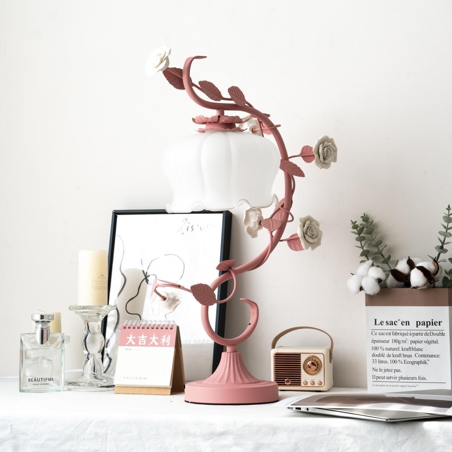 Green Pink White Rose Flower Table Lamp M209