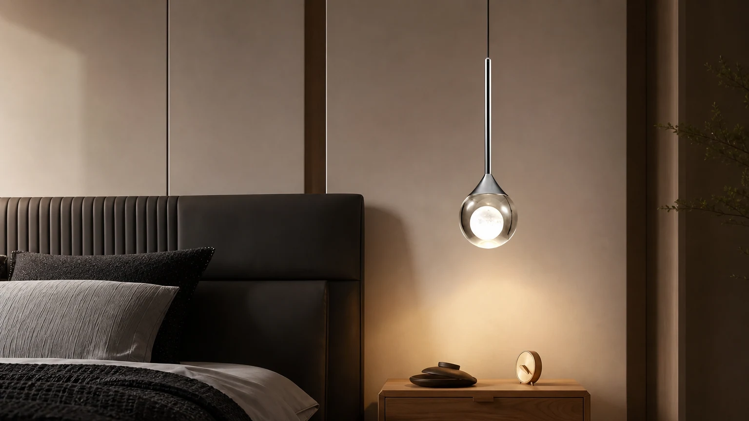 Okrągła, przezroczysta szklana lampa wisząca Moon S182 zainstalowana w spokojnym wnętrzu