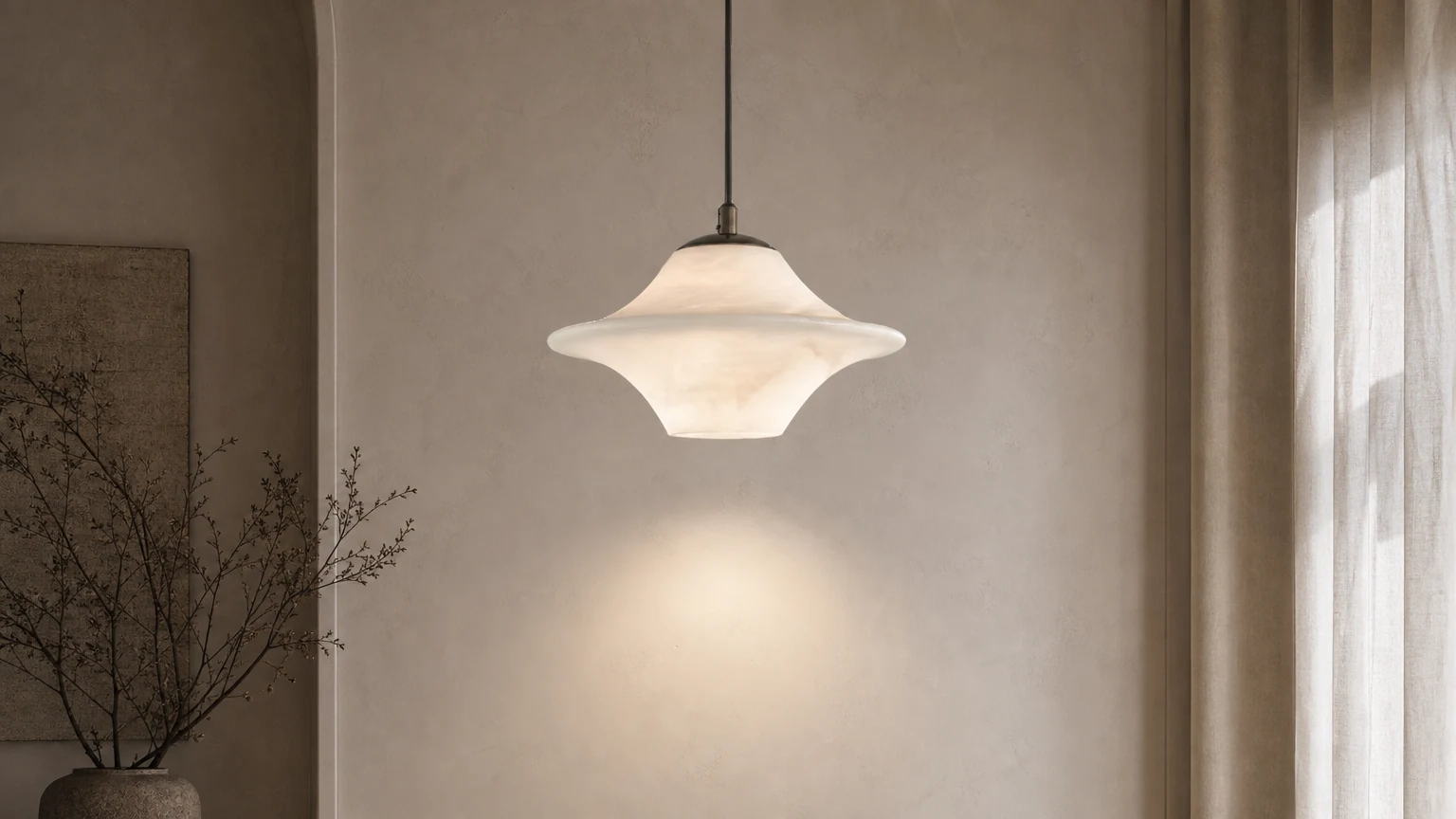 Lampa wisząca Saucer Alabaster M517 pokazana w ciepłym wnętrzu