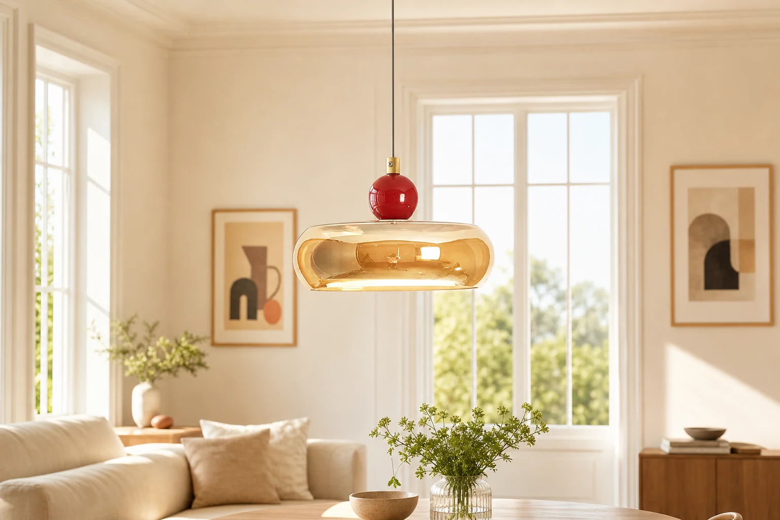 Wiśniowa lampa wisząca w scenie pokoju lifestylowego