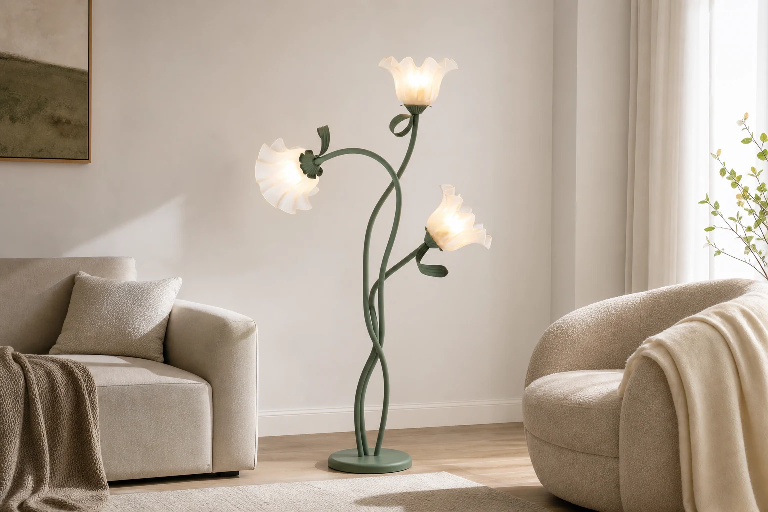 Lámpara de pie con forma de flor sinuosa verde y blanca en una escena doméstica.