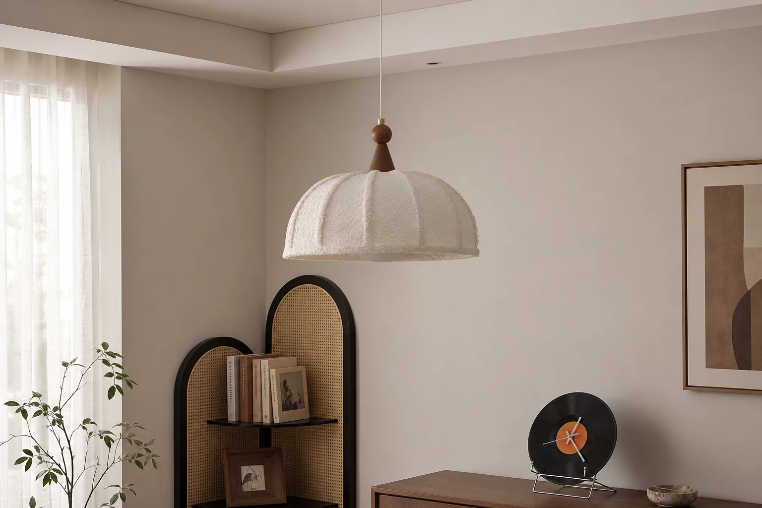 Lampa wisząca Tenera stylizowana na delikatnie oświetlony pokój