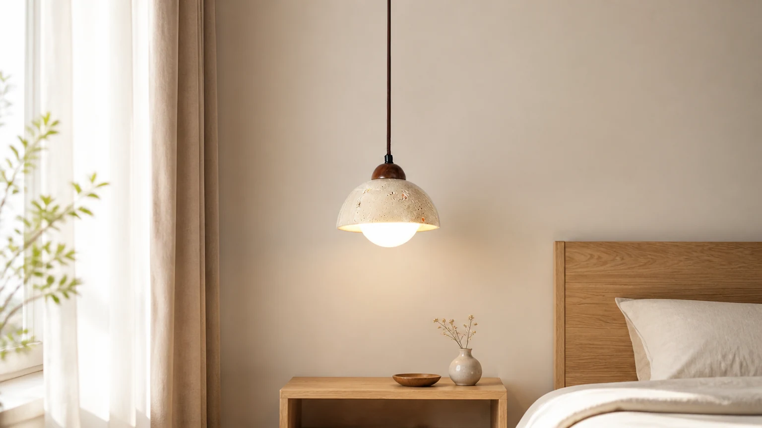 Żółta trawertynowa lampa wisząca M200 w stylu Wabi-Sabi w ciepłej scenerii wnętrza