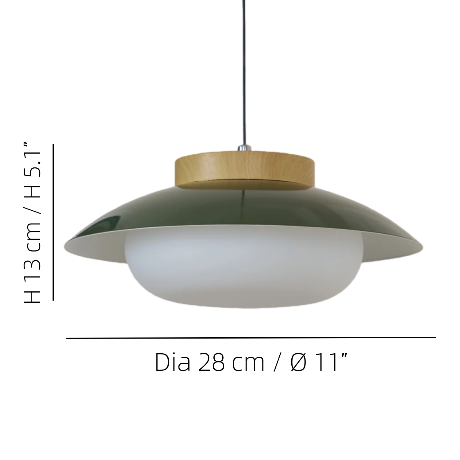 Schemat wymiarowy lampy wiszącej Oribela przedstawiający średnicę 28 cm i wysokość 13 cm