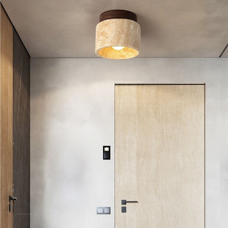 Japanese Minimalist Round Yellow Travertine Shade 1-Light Semi-Flush Mount Ceiling Light G31
