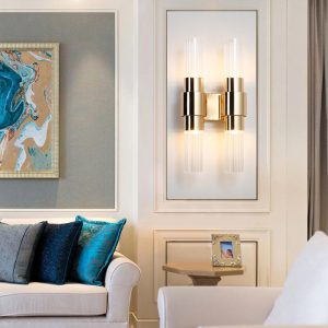 VILLEA wall lamp mounted above a living room seating area