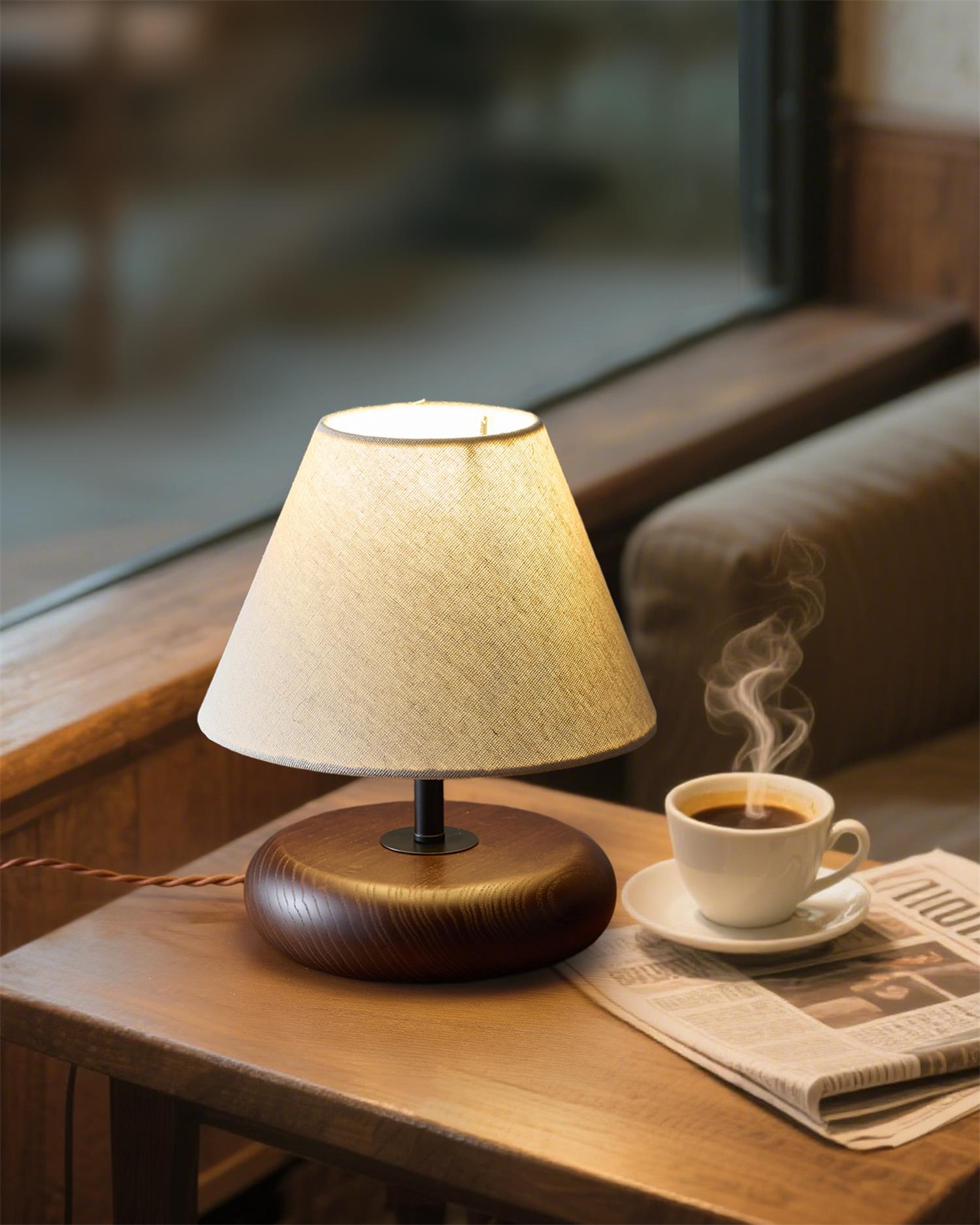 Lampa stołowa Olen D100 przy oknie z kawą i dekoracjami