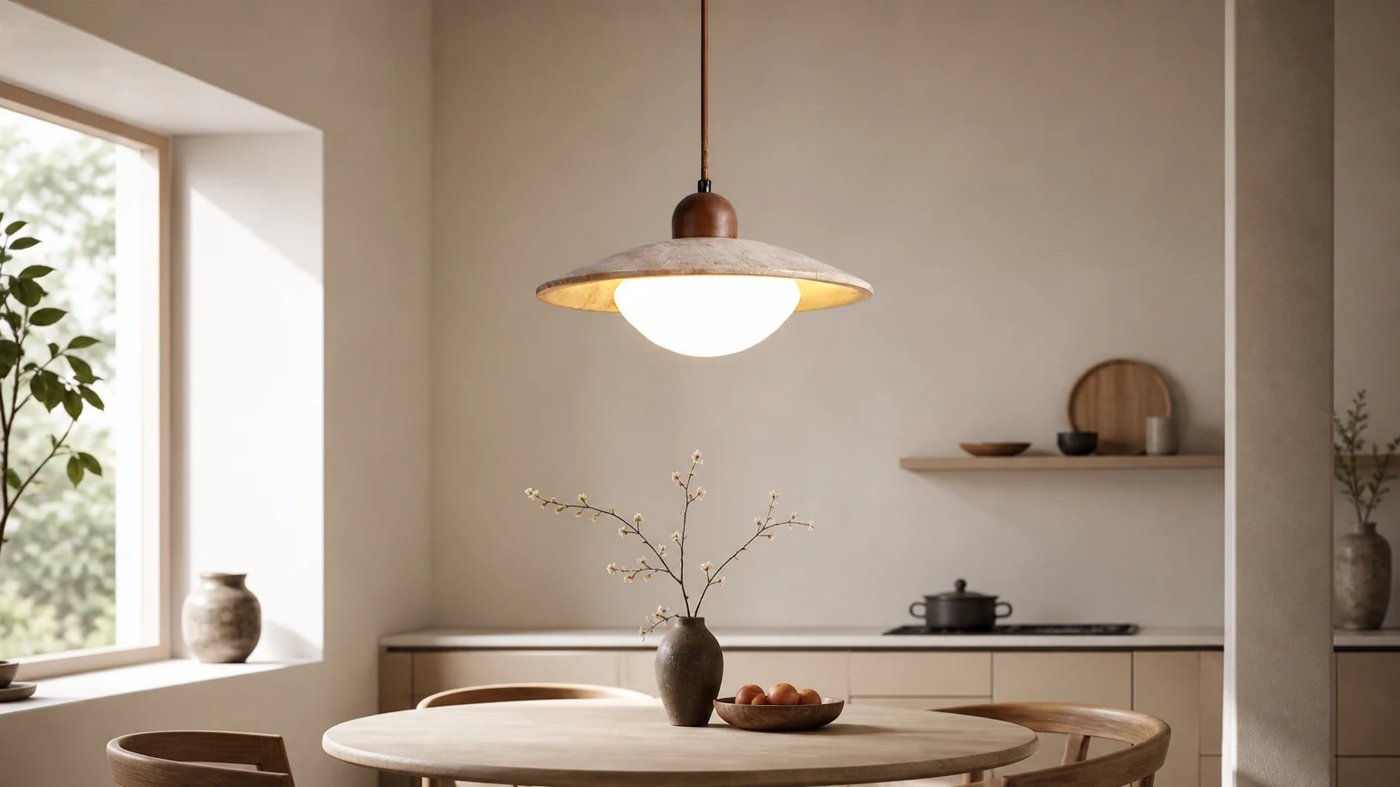 Drewniana Lampa Wisząca Retro Wabi-Sabi M281 w ciepłej oprawie wnętrza