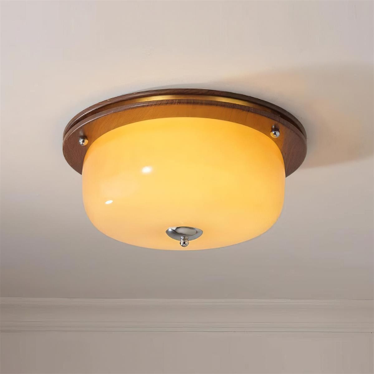 Vintage Wooden Disc Pudding-shaped Glass Lampshade Ceiling Lamp P028