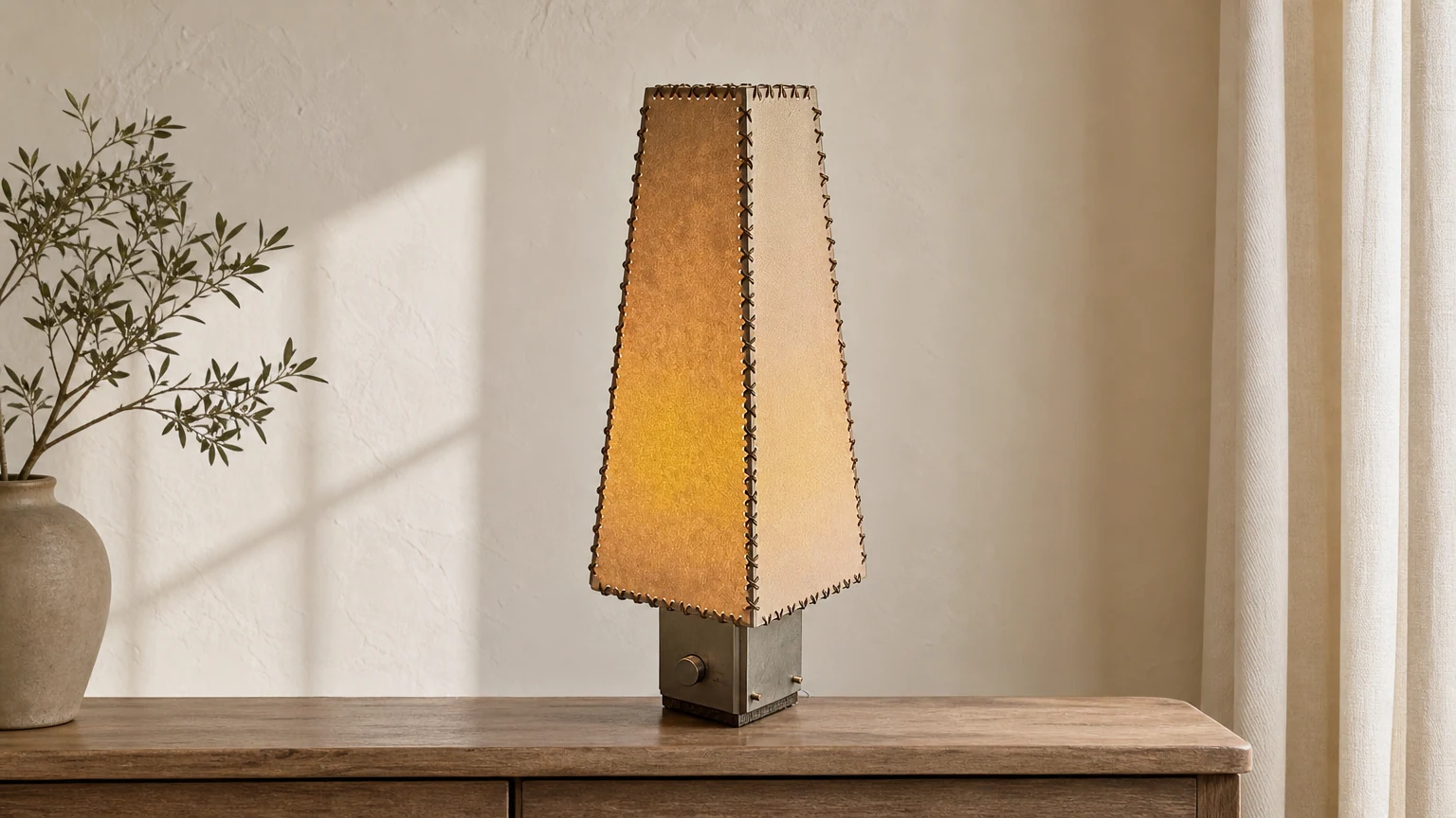 Pergaminowa lampa stołowa D677 w ciepłej oprawie wnętrza