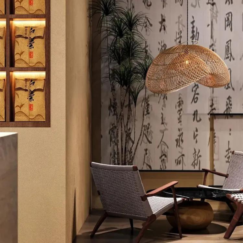 Lámpara colgante de ratán en un interior estilo salón o sala de té.