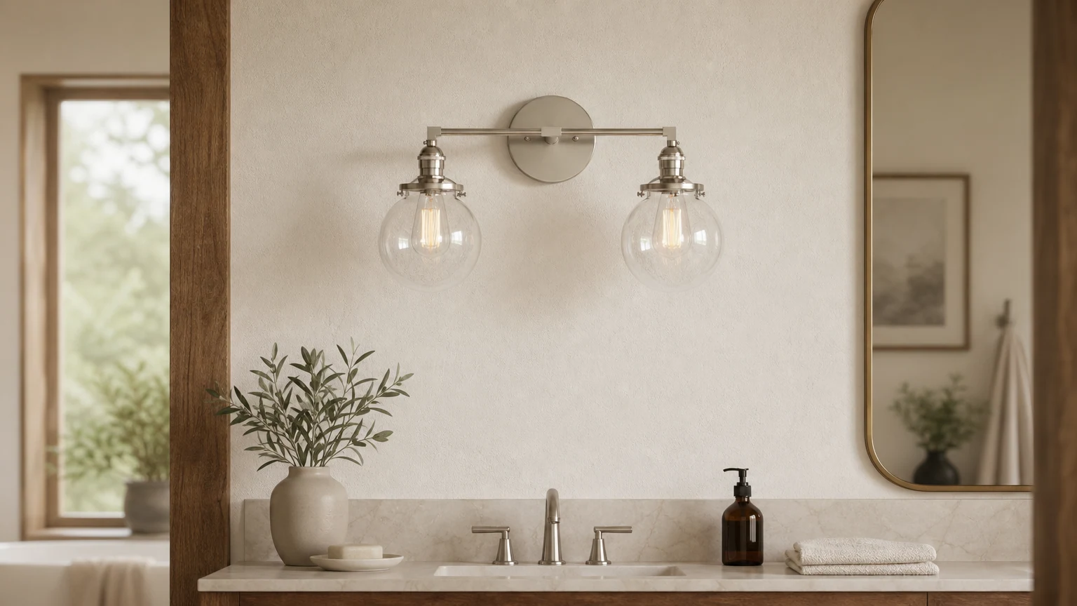 Dwukulowa lampa podumywalkowa Lumio zainstalowana w łazience