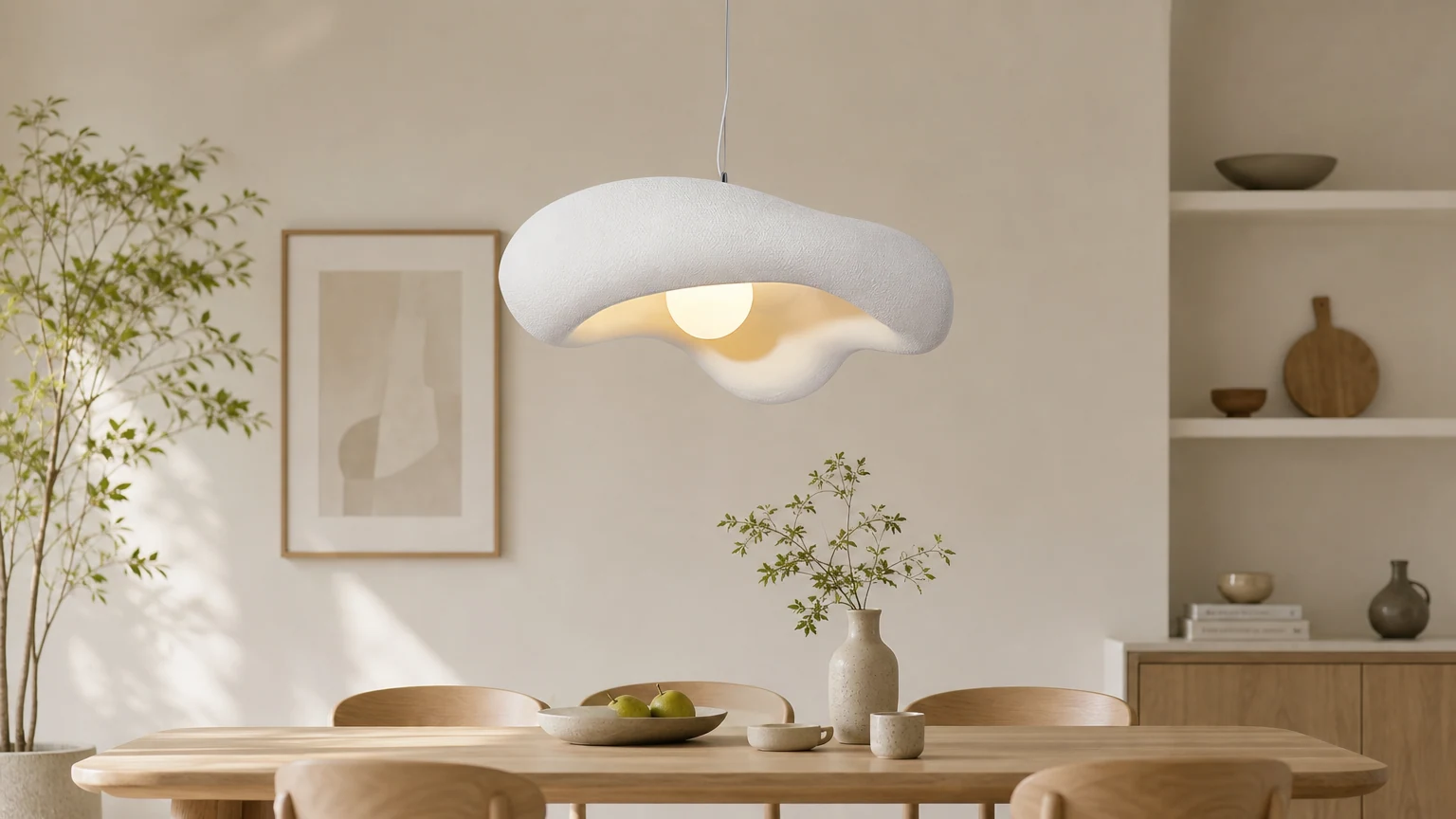 Japońska lampa wisząca z żywicy wabi-sabi zainstalowana nad jadalnią