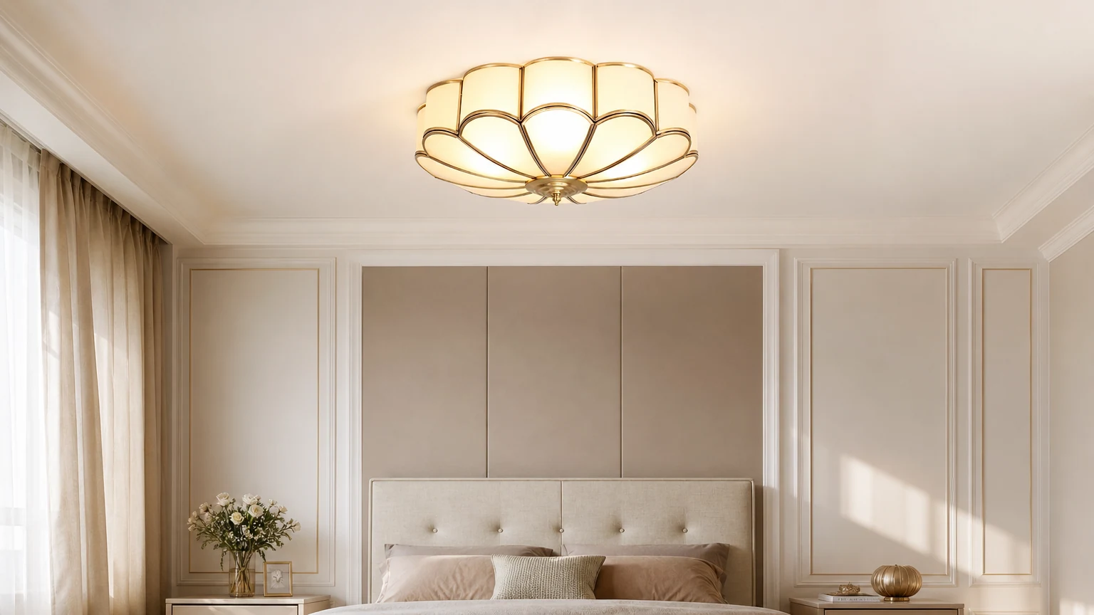 Szklana wpuszczana lampa sufitowa w kształcie kwiatka w stylu vintage, zainstalowana w ciepłym wnętrzu