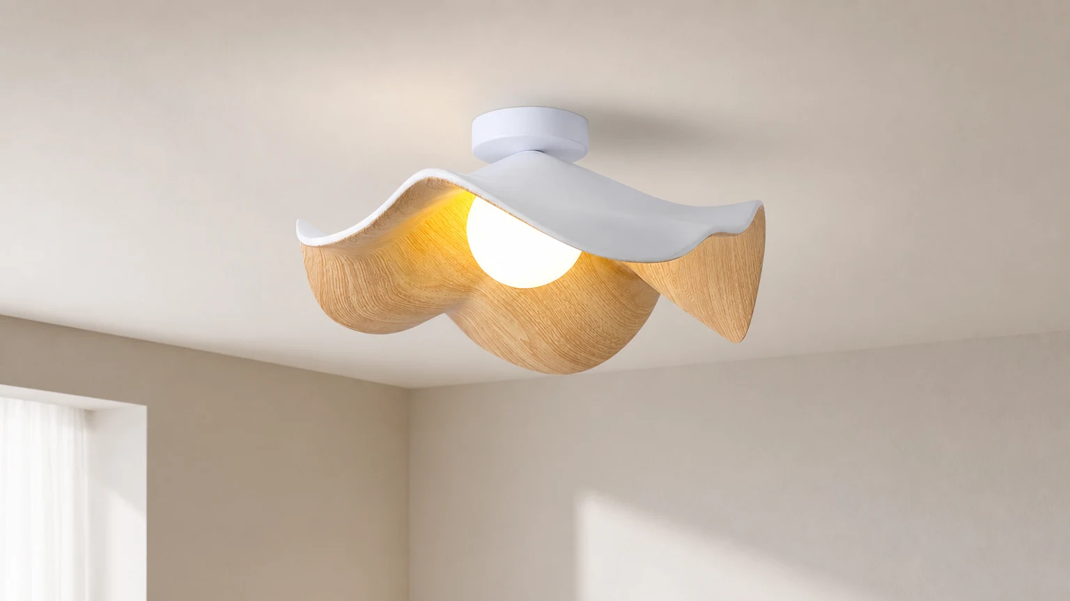 Nowa, nowoczesna, prosta lampa sufitowa M171 z orzechowym ziarnem w ciepłym pomieszczeniu