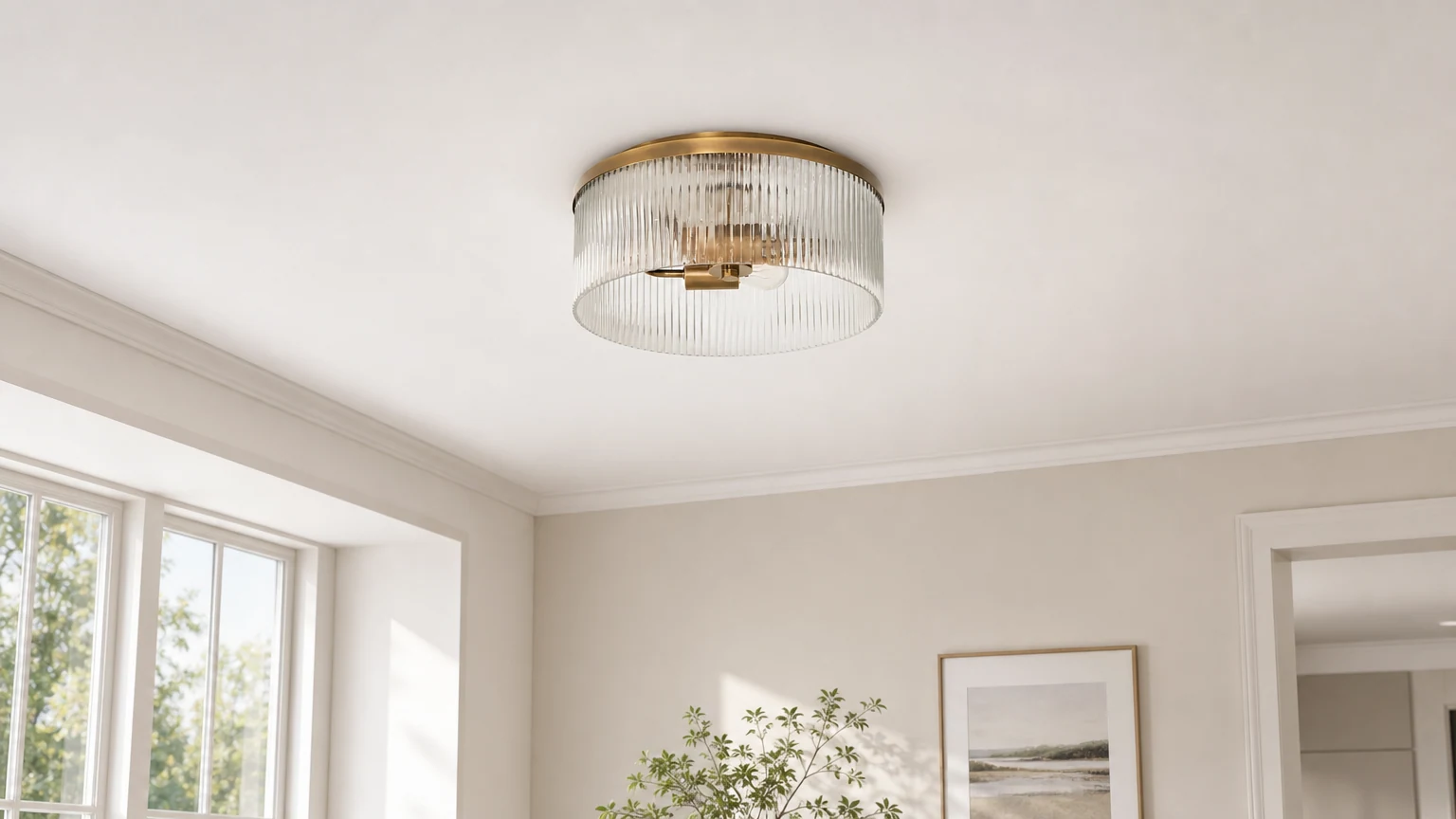 Lampa sufitowa Bravira ze szkła żebrowanego do montażu podtynkowego w scenie z ciepłym pomieszczeniem