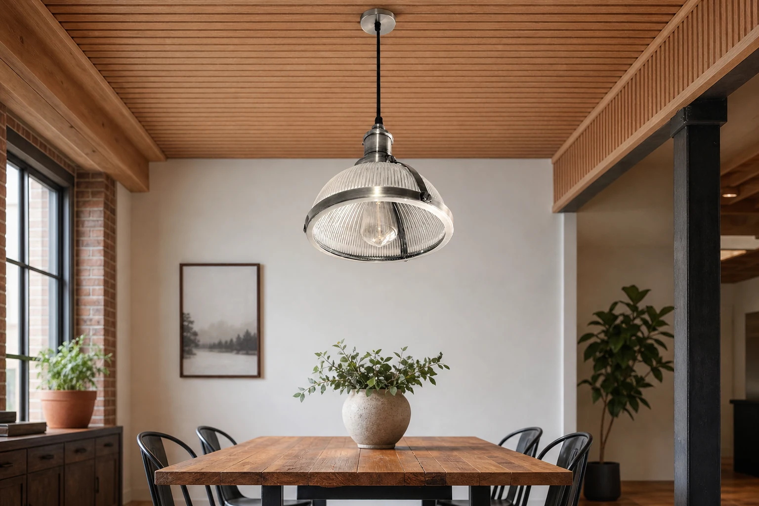 Lampada a sospensione industriale ZEGAR Dome mostrata in un ambiente d'arredo.