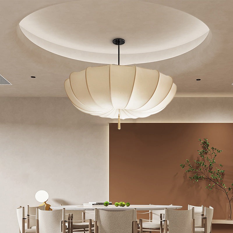 Traditional Japanese Round Iron Frame Fabric Shade 3/5 Light Chandelier For Living Room T261