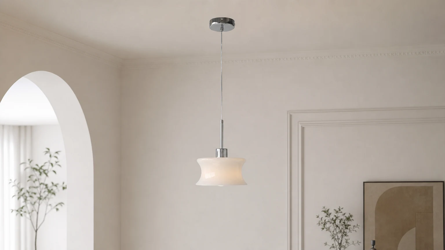 Francuska lampa wisząca ze szkła w stylu vintage M496 w ciepłej scenerii wnętrza