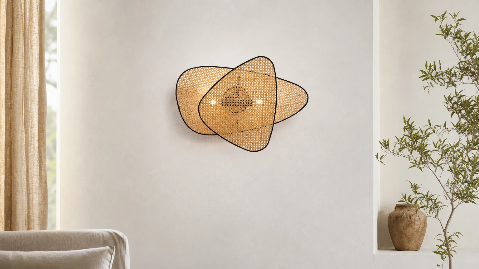 Vintage-Rattan-Wandleuchte S07 in einer warmen Interieurszene