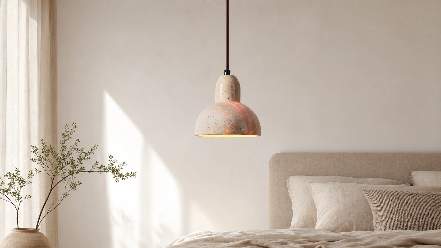 Trawertynowa lampa wisząca Wabi-Sabi zainstalowana w ciepłej sypialni
