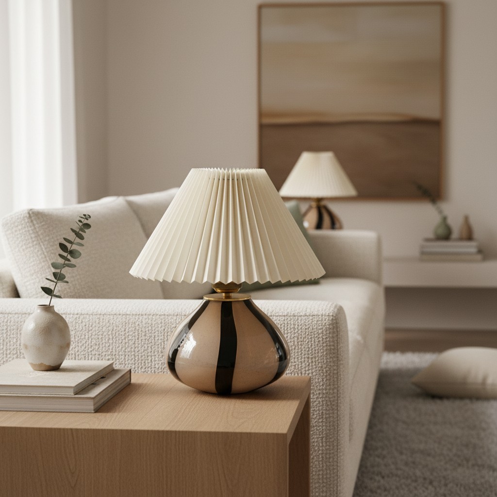Undara Table Lamp - Pleated Fabric Shade Glass-Base Decorative Lamp for Living Room T591