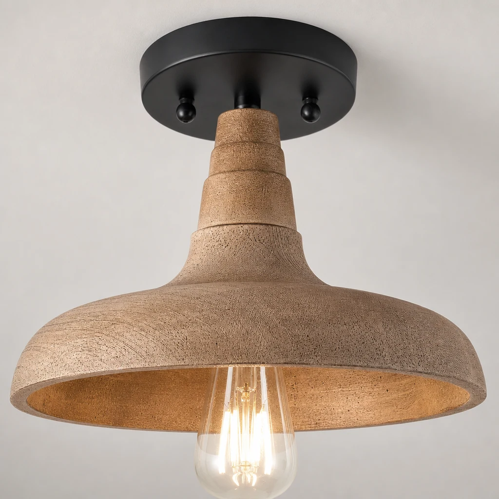 Zbliżenie na drewniane wykończenie i konstrukcję lampy wiszącej Jacob Light
