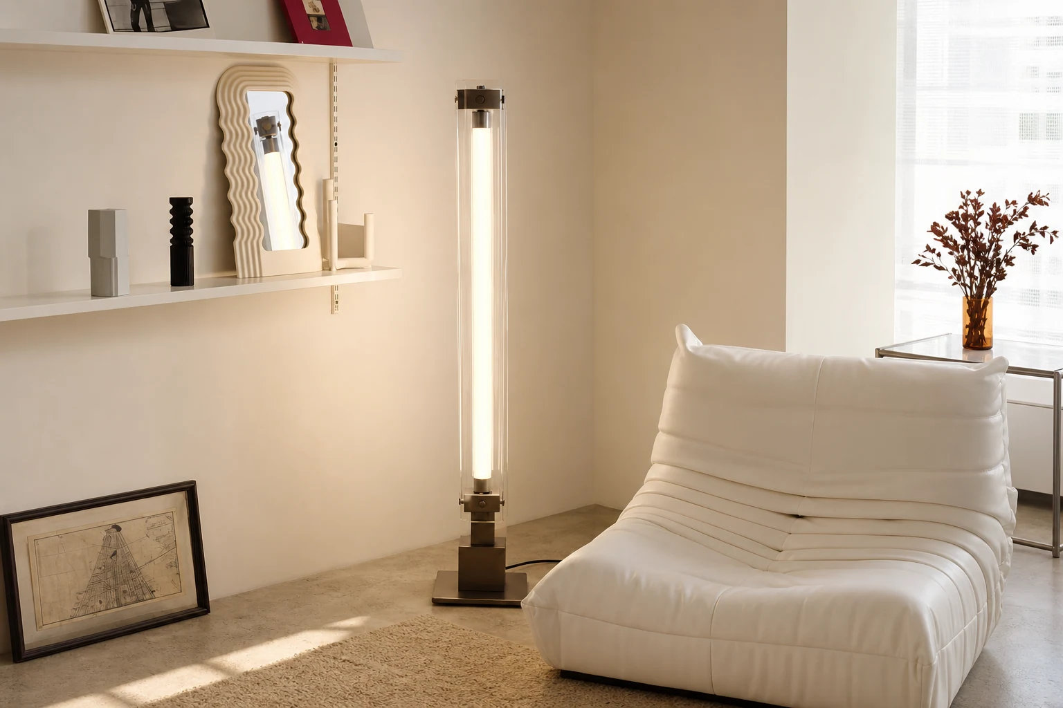 Szklana lampa podłogowa S35 stylizowana na pomieszczenie, w którym widoczny jest cały produkt