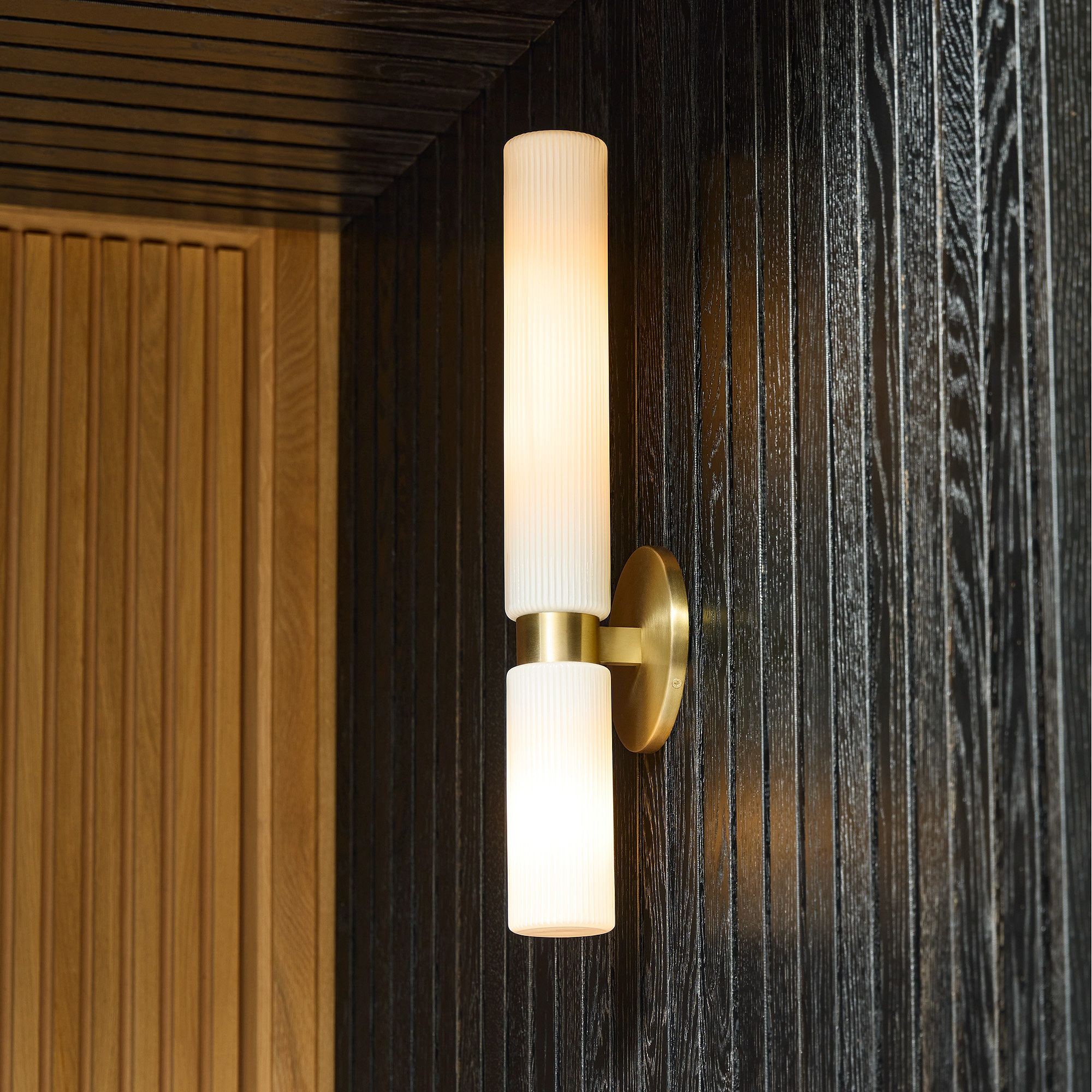 Rivora Fluted Glass Double Short Sconce - Indoor Outdoor Wall Light Elegance T095