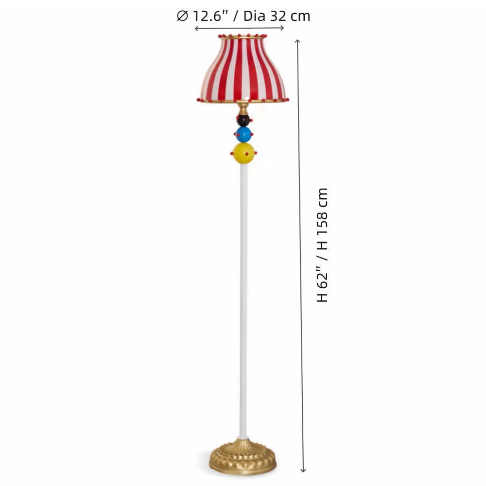 Diagrama dimensional que muestra la altura y el diámetro de la pantalla de la lámpara de pie Festilo Circus.
