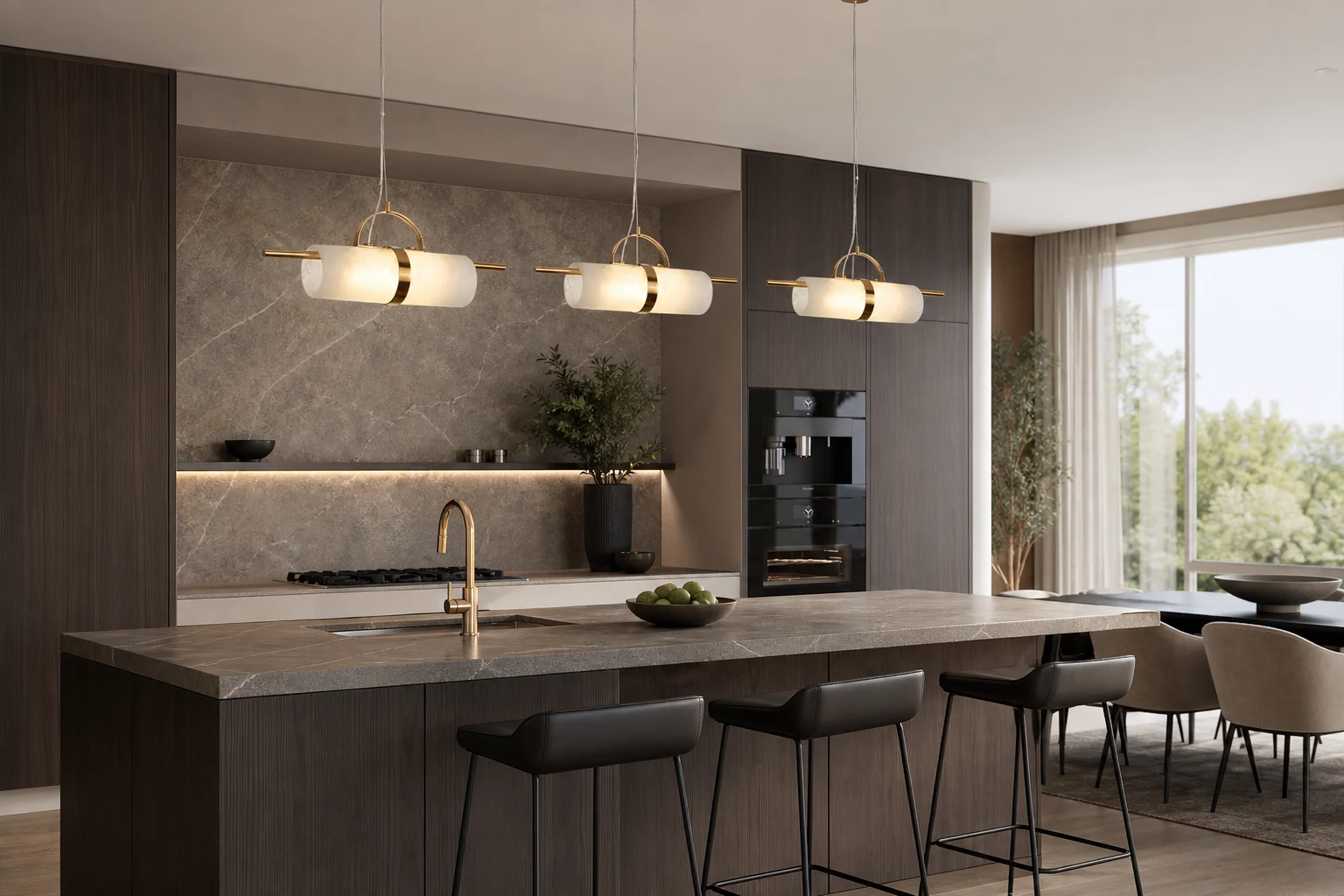 Scena w stylu lifestylowym z mini-cylindryczną alabastrową lampą wiszącą D421