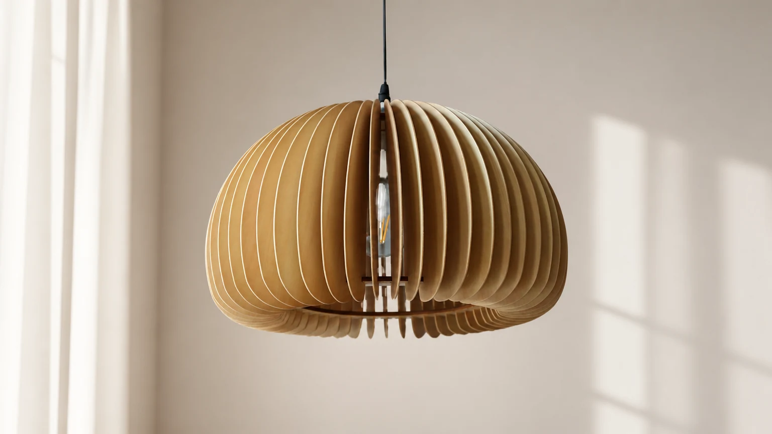 PIE Holzpendelleuchte in einem warmen Interieur