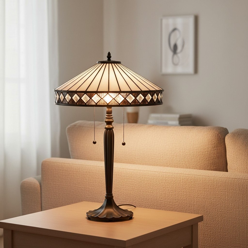 TF Fargo Geometric Tiffany Style Lamp - Amber and Cream Glass Accent Lighting for Bedroom or Study T643