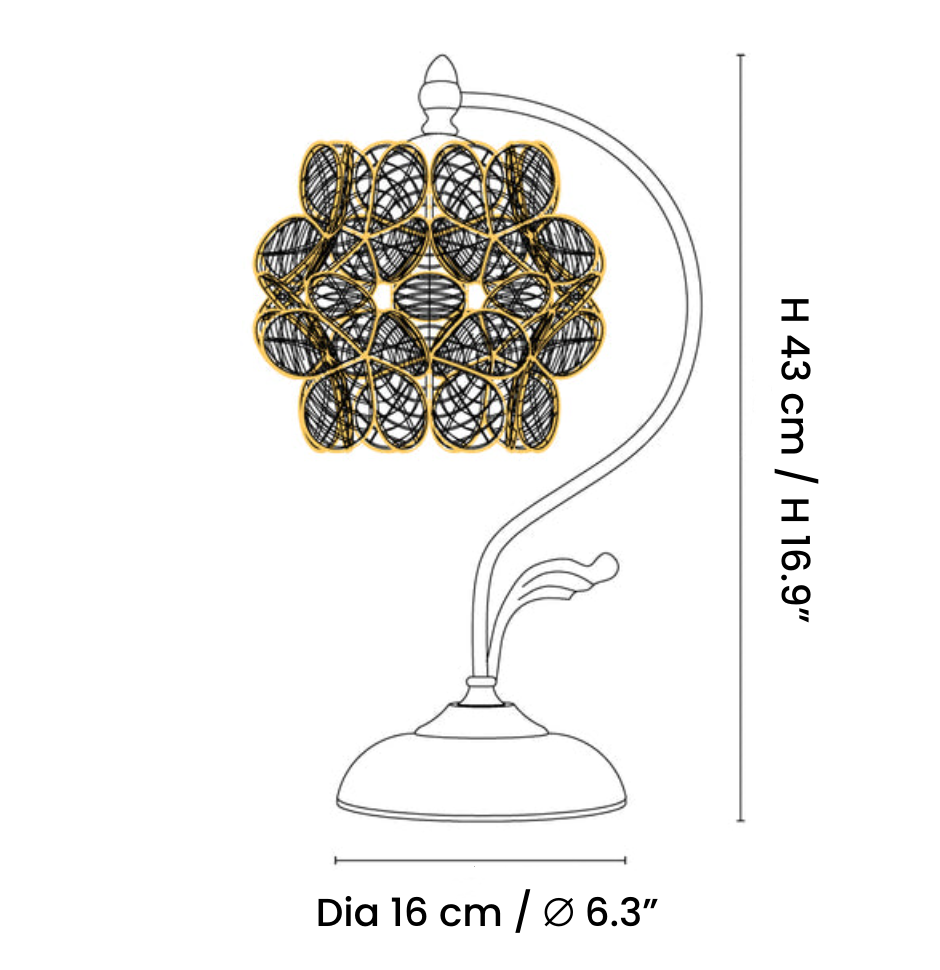 Størrelsesdiagram for Petal Eye-Care glassbordlampe M89