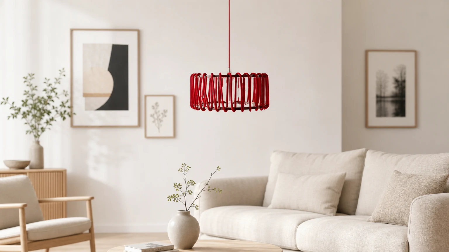 Nordisk trä macaron pendellampa S143 i en ljus interiörscen
