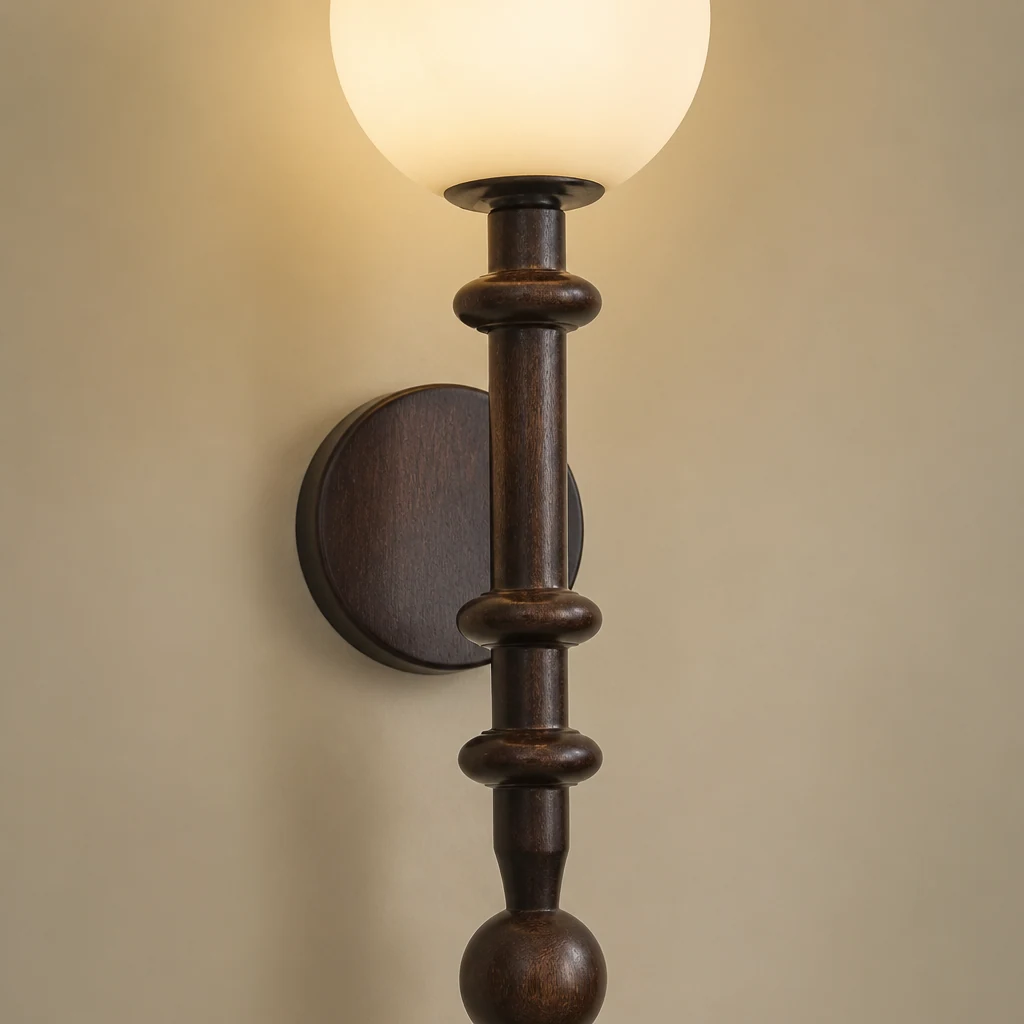 Zbliżenie szczegółów wykończenia lampy ściennej z drewna, metalu i szkła