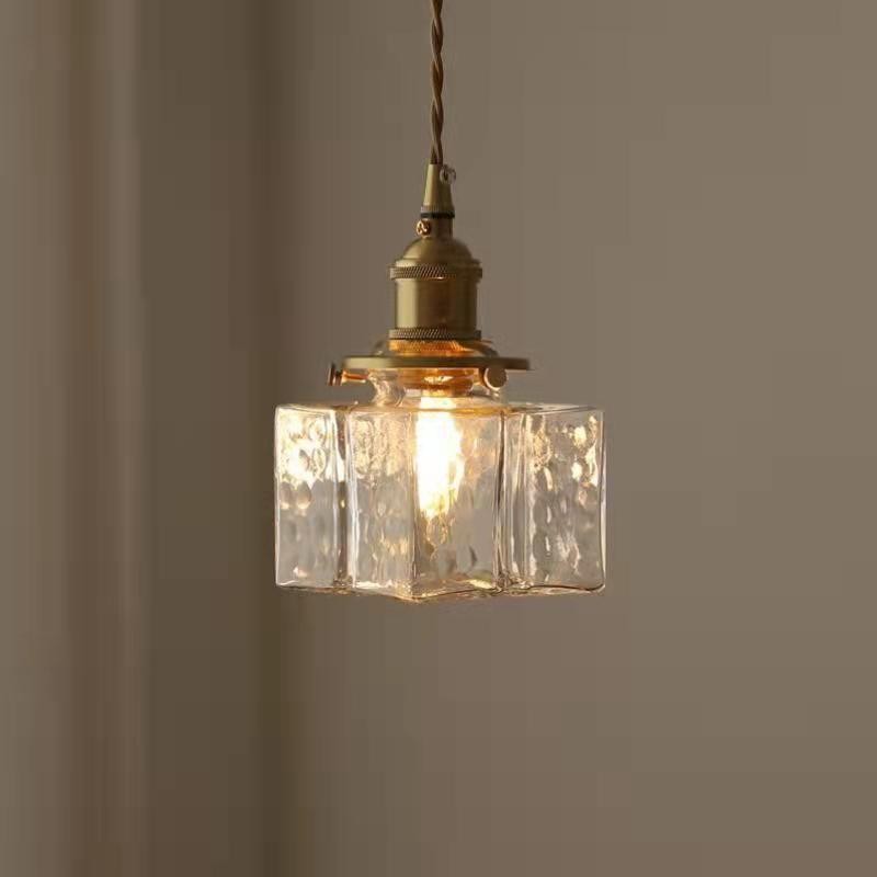 Traditional Vintage Square Rectangle Ripple Glass Iron 1-Light Pendant Light For Living Room T262