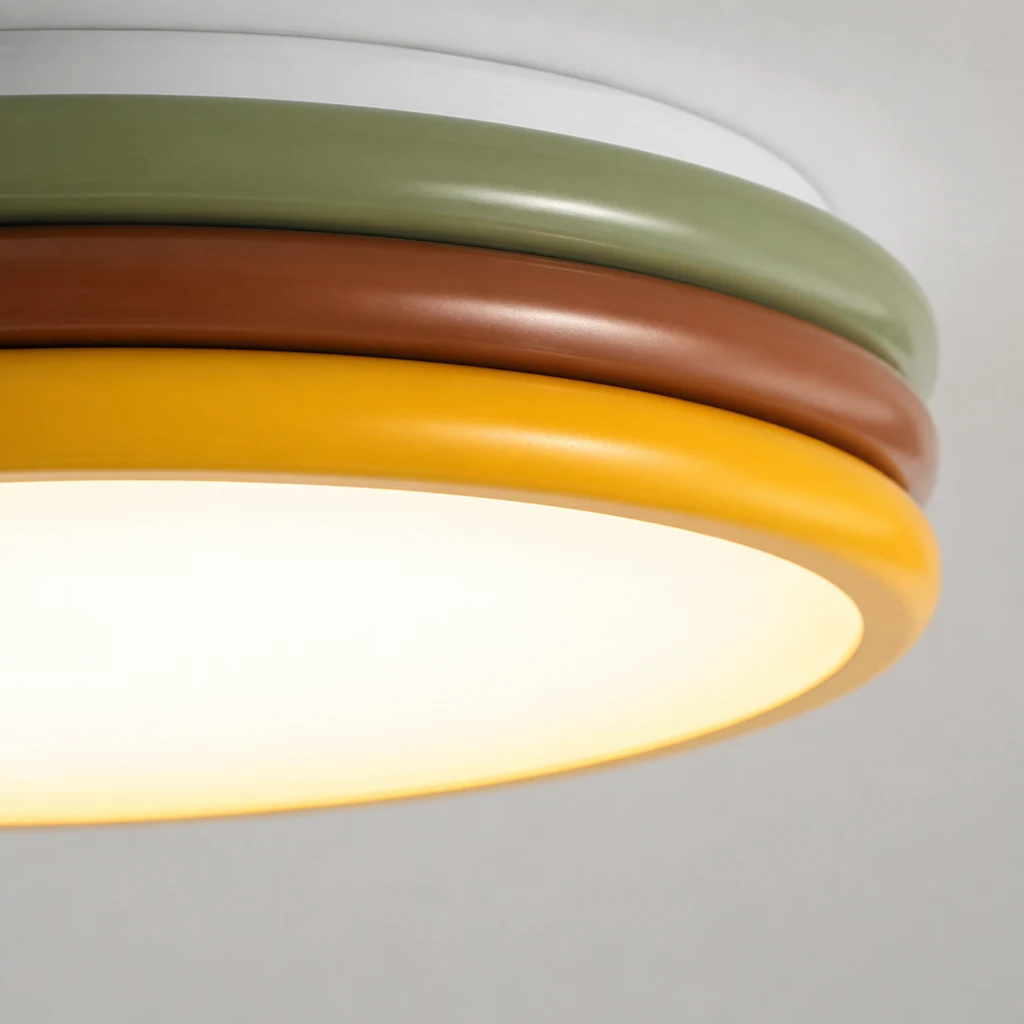 Zbliżenie na kolorową akrylową i metalową lampę sufitową ColorStack