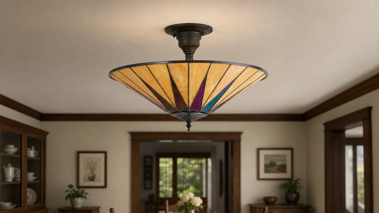 Lampa sufitowa TF Dark Star Tiffany w ciepłej scenerii wnętrza