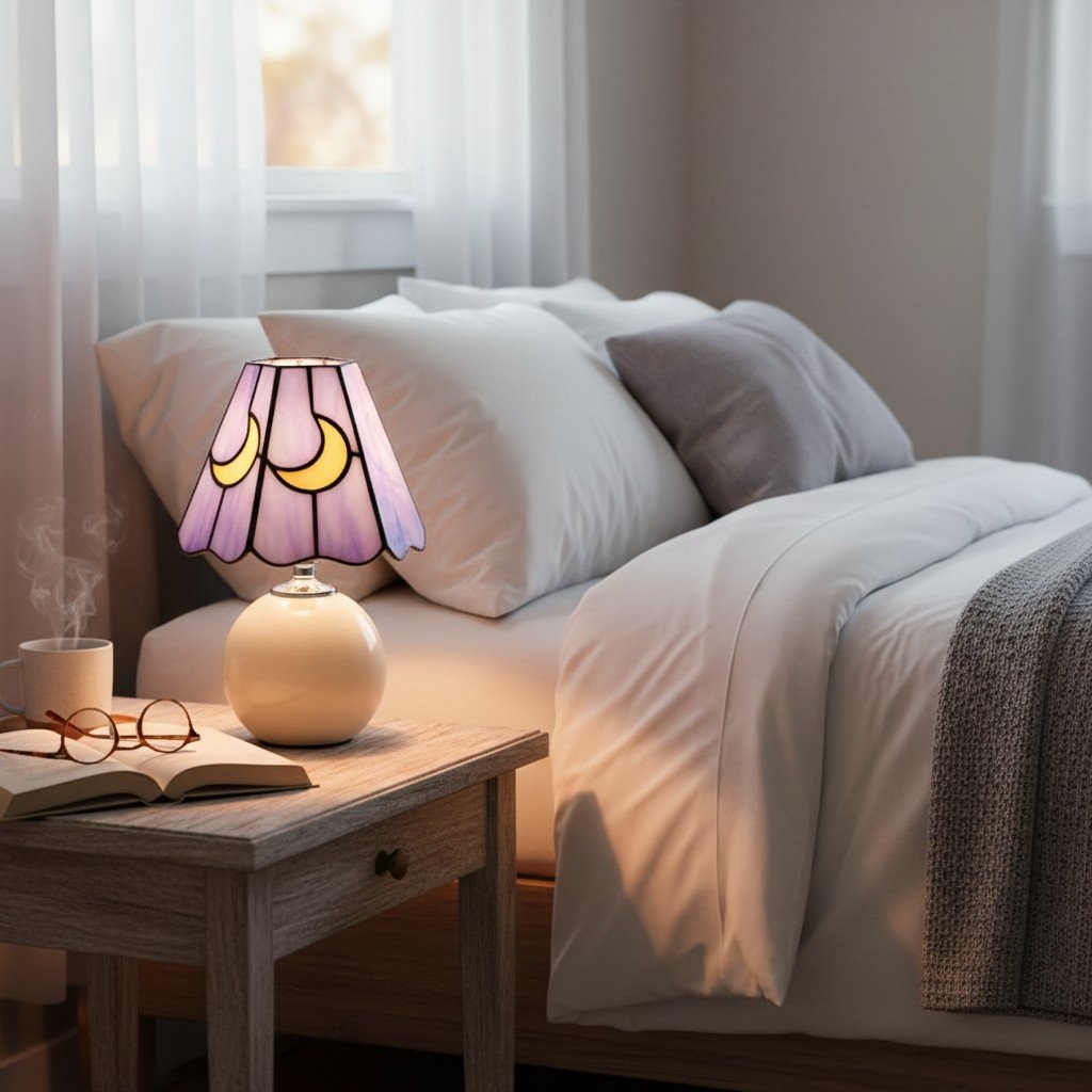 Stellum Mushroom Moon Stained Glass Table Lamp Artistic Accent Light Ceramic Base for Living Spaces T552
