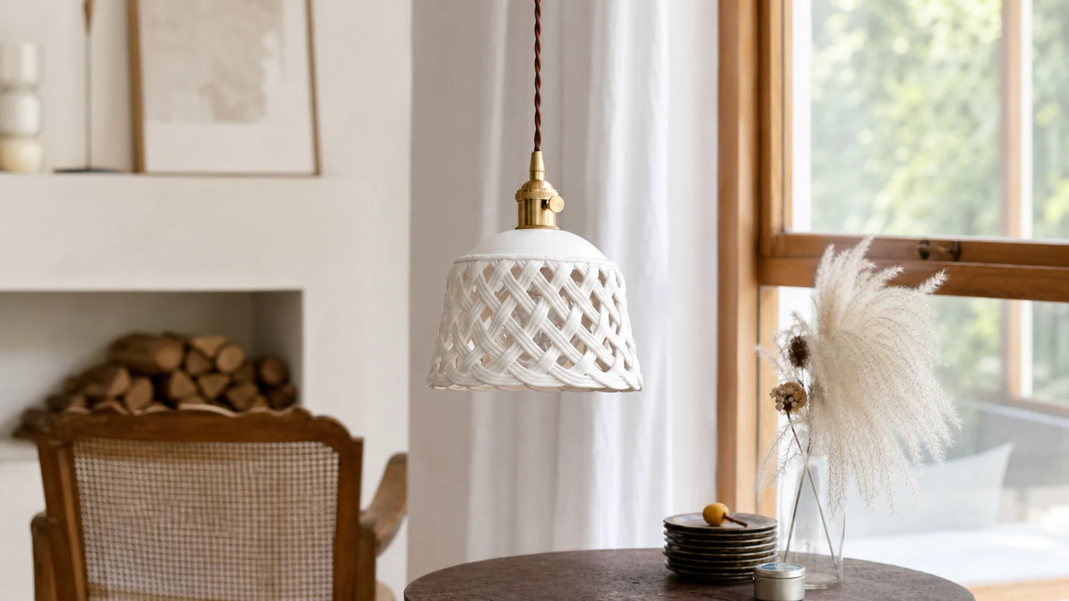 Ażurowa ceramiczna lampa wisząca w ciepłym pomieszczeniu