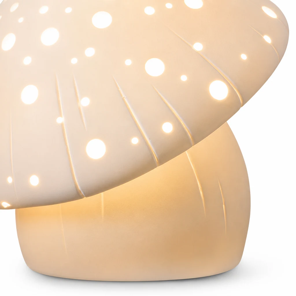 Zbliżenie białego ceramicznego perforowanego klosza lampy w kształcie grzybka
