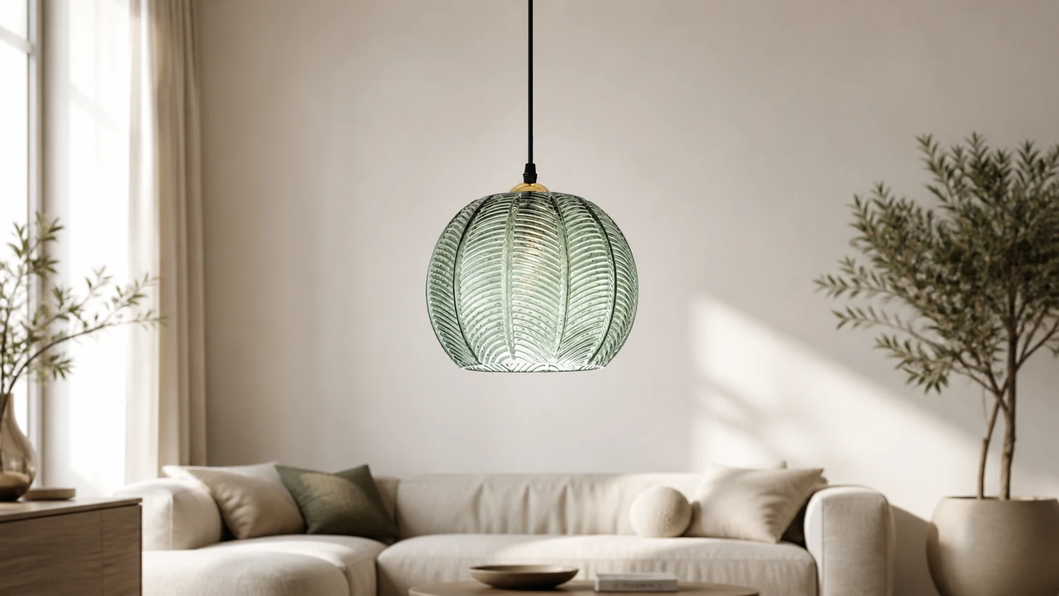 Lampa wisząca z zielonego szkła stylizowana na scenę z salonu