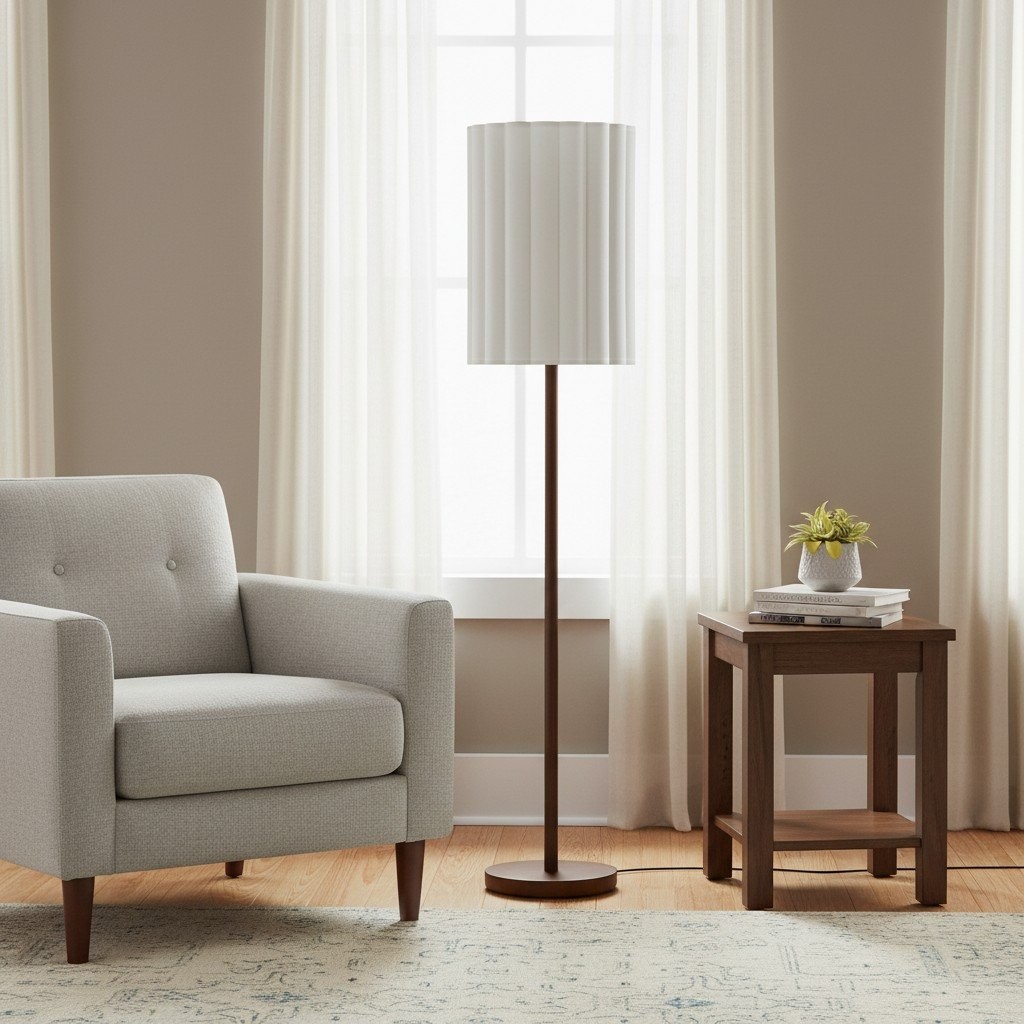 Linbron Walnut Wood Floor Lamp with Fluted Linen Shade - Modern Natural Home Decor T648
