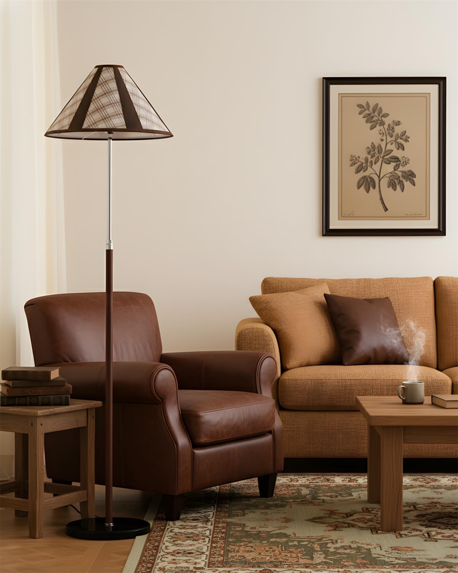 Lampa podłogowa Hearthline obok krzesła i sofy