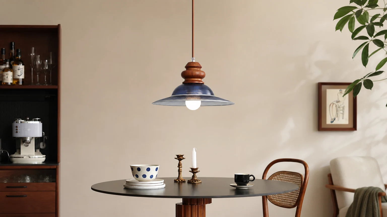 Lampa wisząca Brenna D105 zainstalowana jako ciepła lampa wisząca do jadalni